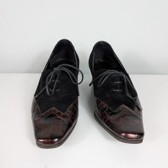 Y2K Leather Heels Lace Up Loafers 9.5 Black Brown Wingtip Suede Square Academia - Picture 3 of 11
